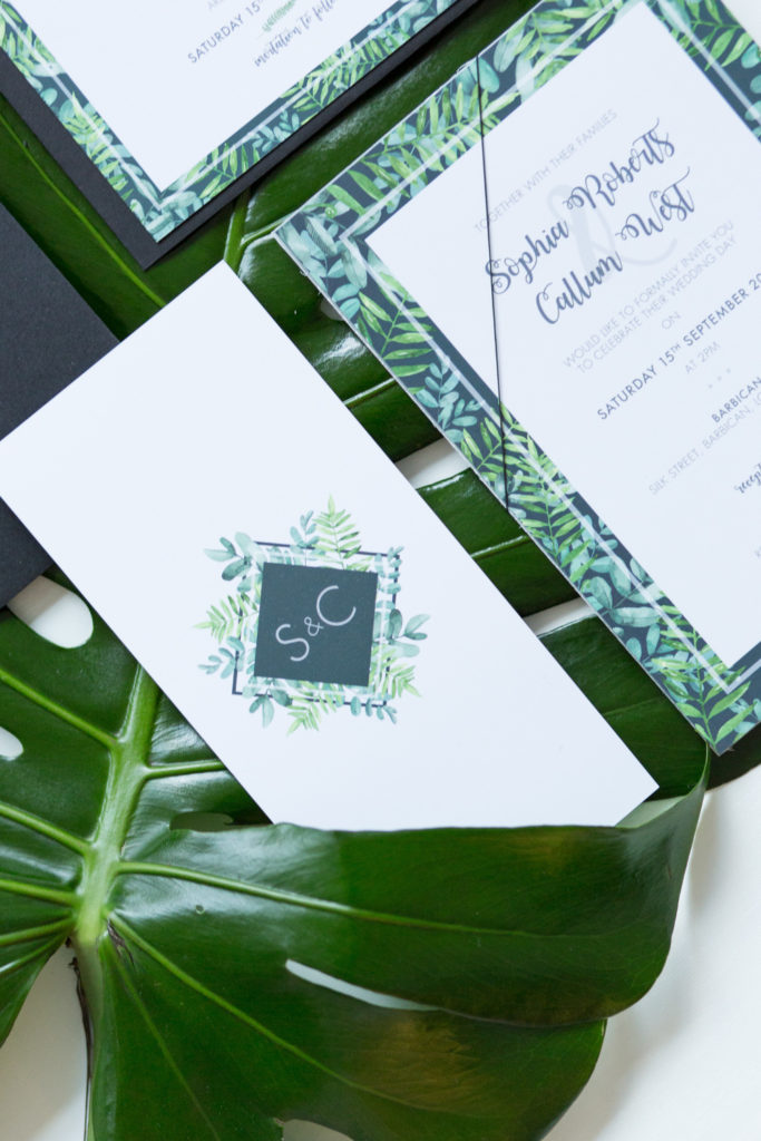 Green and white wedding stationery
