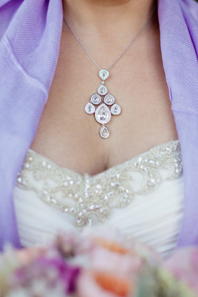 Beaded wedding dress with lilac pashmina