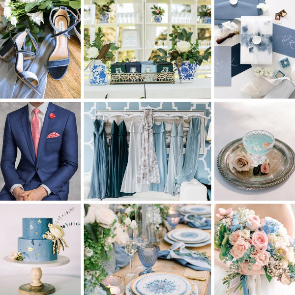 An inspiration board using Pantone's Colour of the Year 2020 Classic Blue.  The board shows velvet wedding shoes, blue wedding chinoiserie decor, blue and velum wedding stationery, blue grooms suit, shades of blue bridesmaid dresses, blue cocktail, a two-tier blue wedding cake, wedding table, wedding bridal bouquet