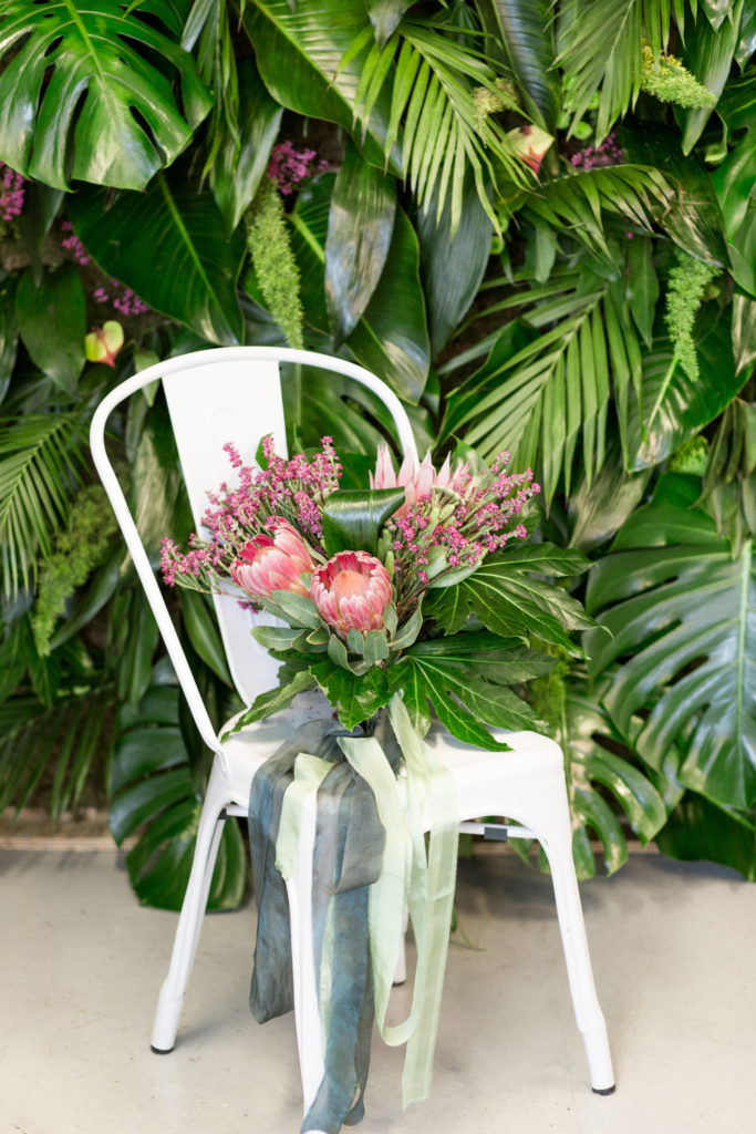 Chair with protea bride bouquet