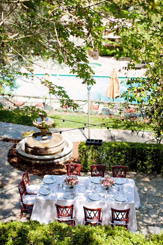 Aerial shot of long wedding table