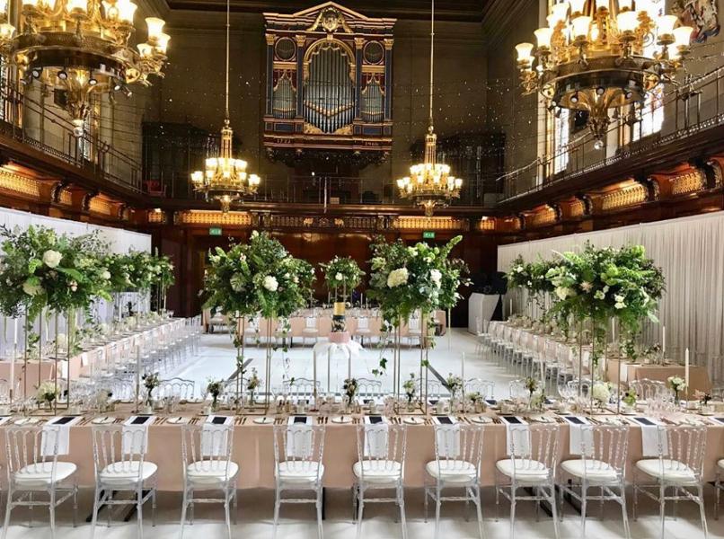 Tall table displays at Merchant Taylors Hall