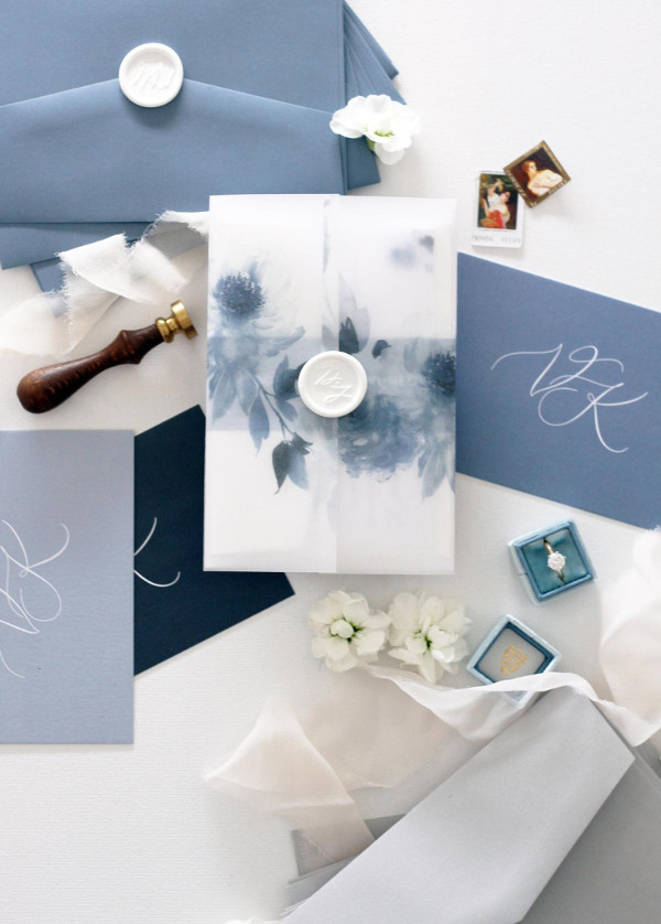 blue and velum wedding stationery