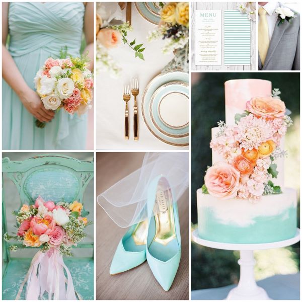 Wedding inspiration board using lemon, mint and coral colour combination with wedding cake, bridal shoes, place setting and bouquet