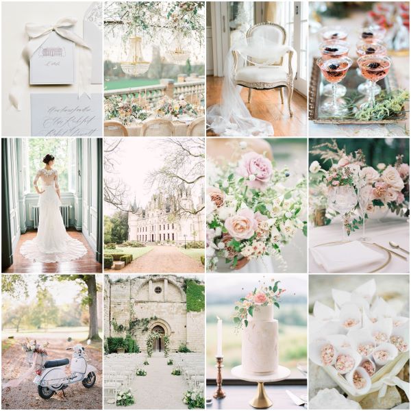 Inspiration board in neutral tones with stationery, wedding cake, bridal bouquet, wedding car