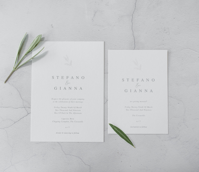 Contemporary printed wedding invitations on white paper
