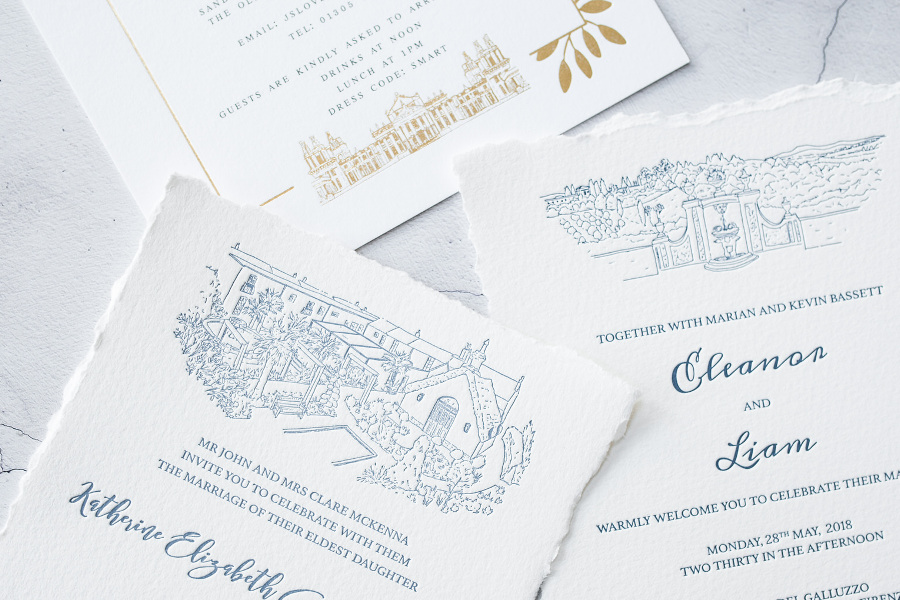 Blue leterpress wedding invitation with venue illustration