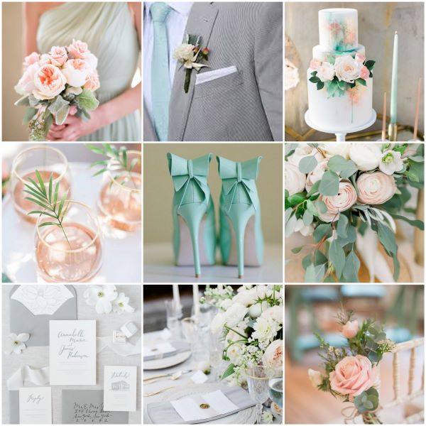 Inspiration board using mint green and grey with tones of blush and peach.  The board features bridal bouquets, textured wedding cake, mint green bridal shoes and a wedding table filled with flowers and candles
