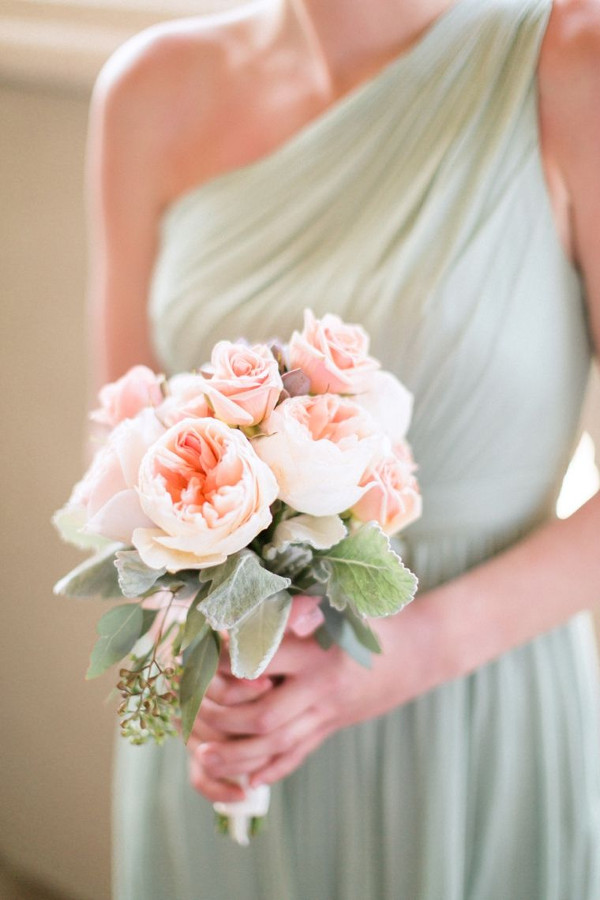 Mint green grecian bridesmaid dress with blush pink peony and rose bouquet