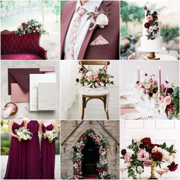 Wedding inspiration board using burgundy, blush and neutral tones
