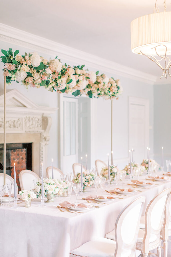 Wedding table with hanging flowers