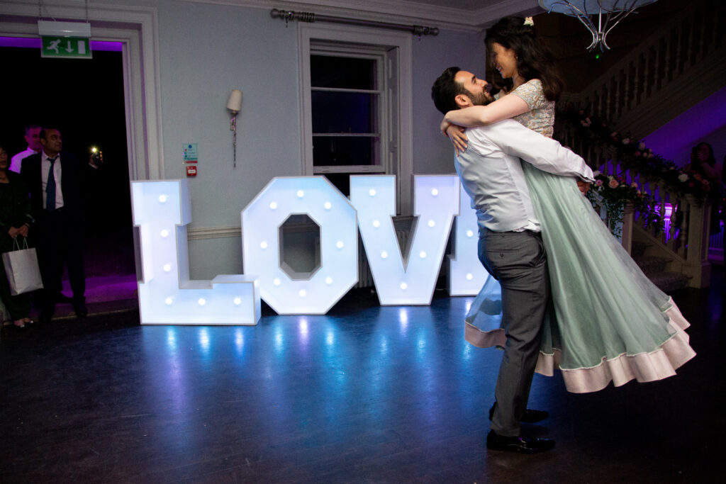 Light up LOVE letters for wedding first dance at Morden Hall