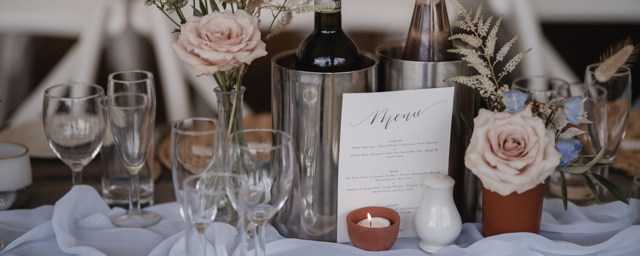 Drinks menu marquee wedding with flowers and wine