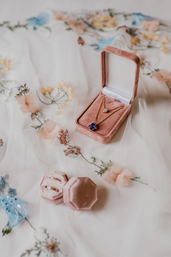 Blush and blue wedding flat lay