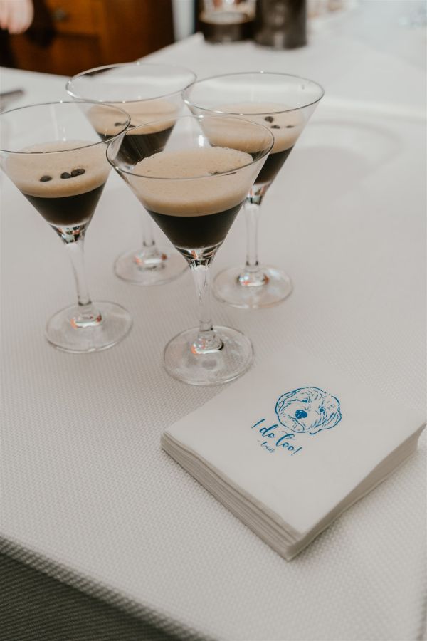 espresso martini cocktails with personalised napkins