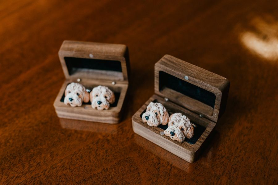 Goldendoodle cufflinks Lonon wedding trinity house