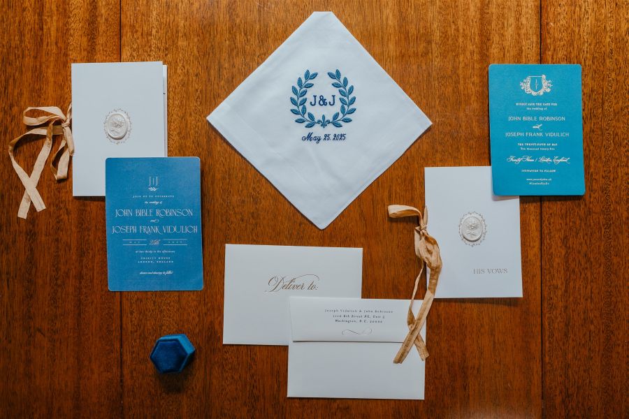 Navy blue wedding invitation flat lay
