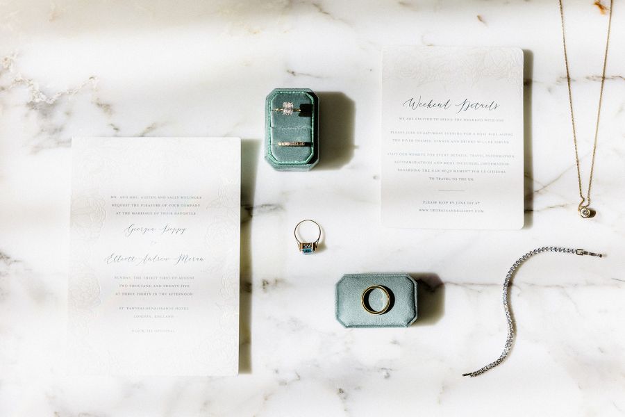 Flat lay with sage green ring box and jewellery