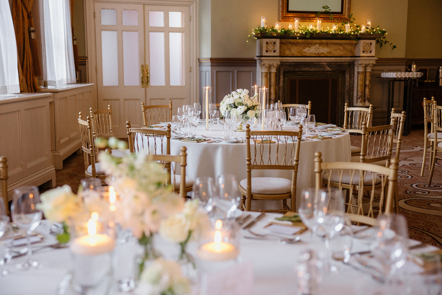 St Pancras London Hotel wedding reception with fairylights and candles