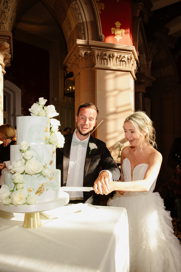 Sage green and white 3 tier wedding cake St Pancras London Hotel wedding